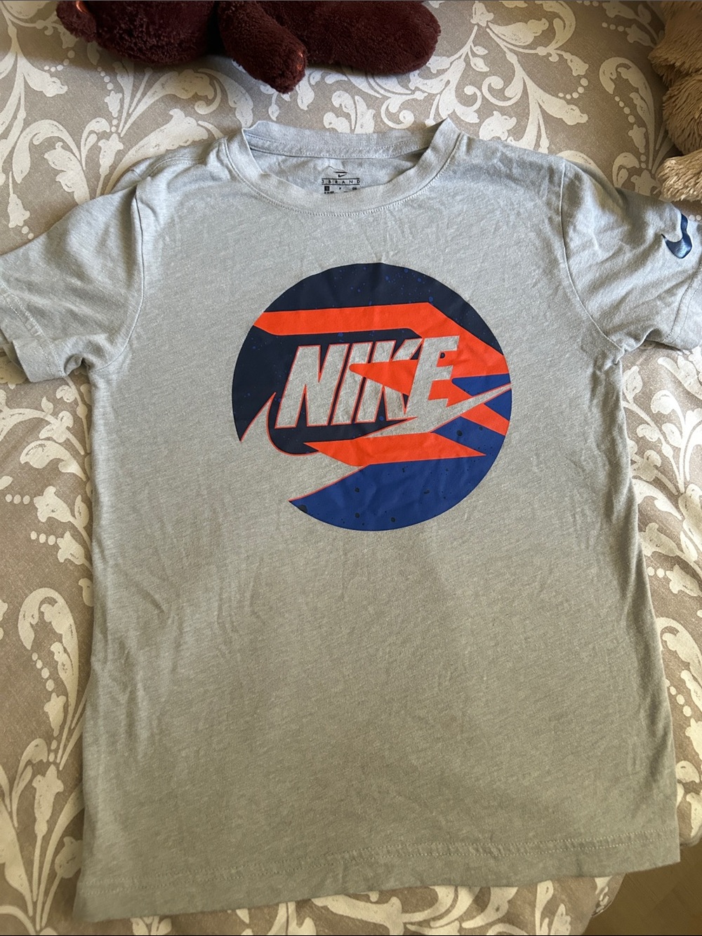 6-7 years Nike Short Sleeve Gray Tee with Blue and Orange Graphic